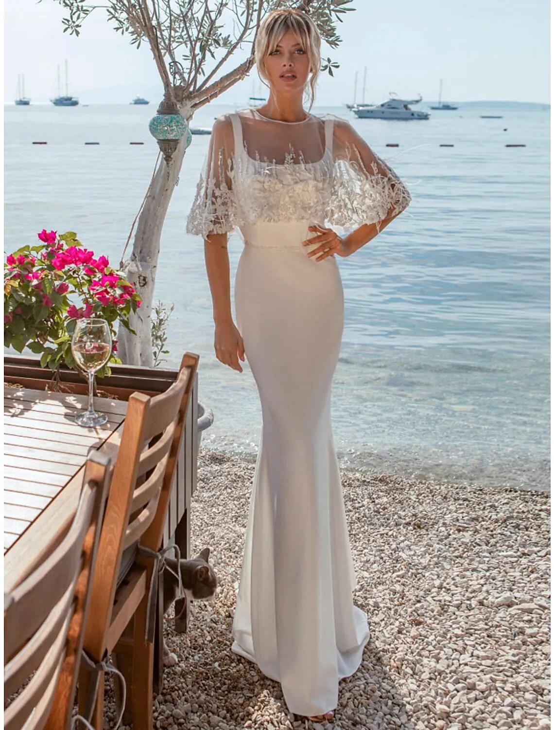 Beach Open Back Casual Wedding Dresses Mermaid / Trumpet Square Neck Sleeveless Sweep / Brush Train Satin Bridal Gowns With Buttons Beading Summer Wedding Party