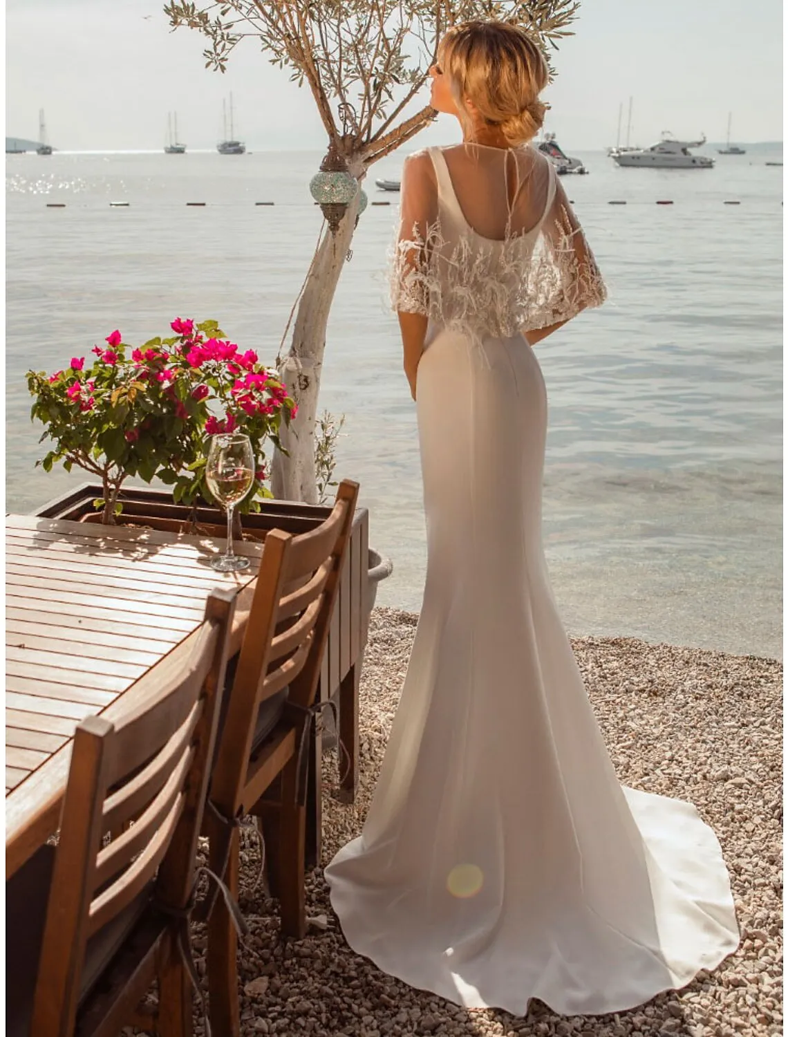 Beach Open Back Casual Wedding Dresses Mermaid / Trumpet Square Neck Sleeveless Sweep / Brush Train Satin Bridal Gowns With Buttons Beading Summer Wedding Party