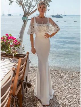 Beach Open Back Casual Wedding Dresses Mermaid / Trumpet Square Neck Sleeveless Sweep / Brush Train Satin Bridal Gowns With Buttons Beading Summer Wedding Party