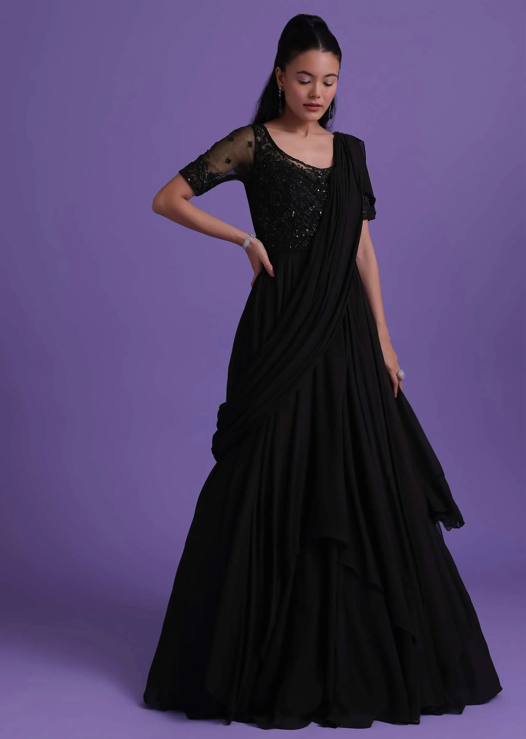 Black Cut Dana Embroidered Gown With Attached Drape In Georgette