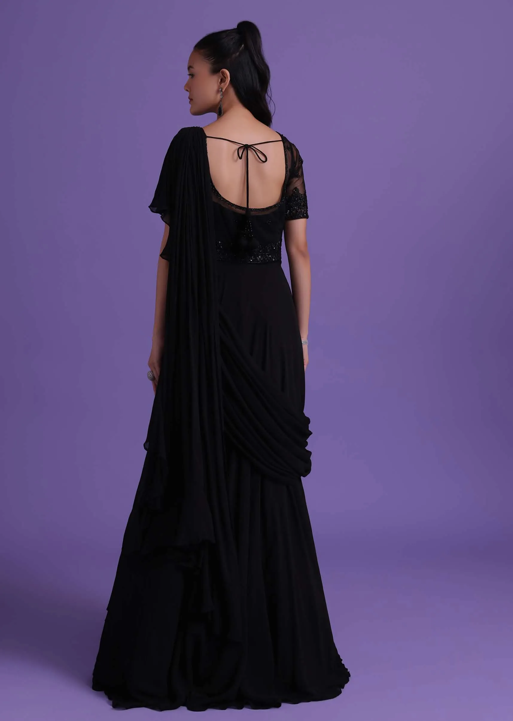 Black Cut Dana Embroidered Gown With Attached Drape In Georgette