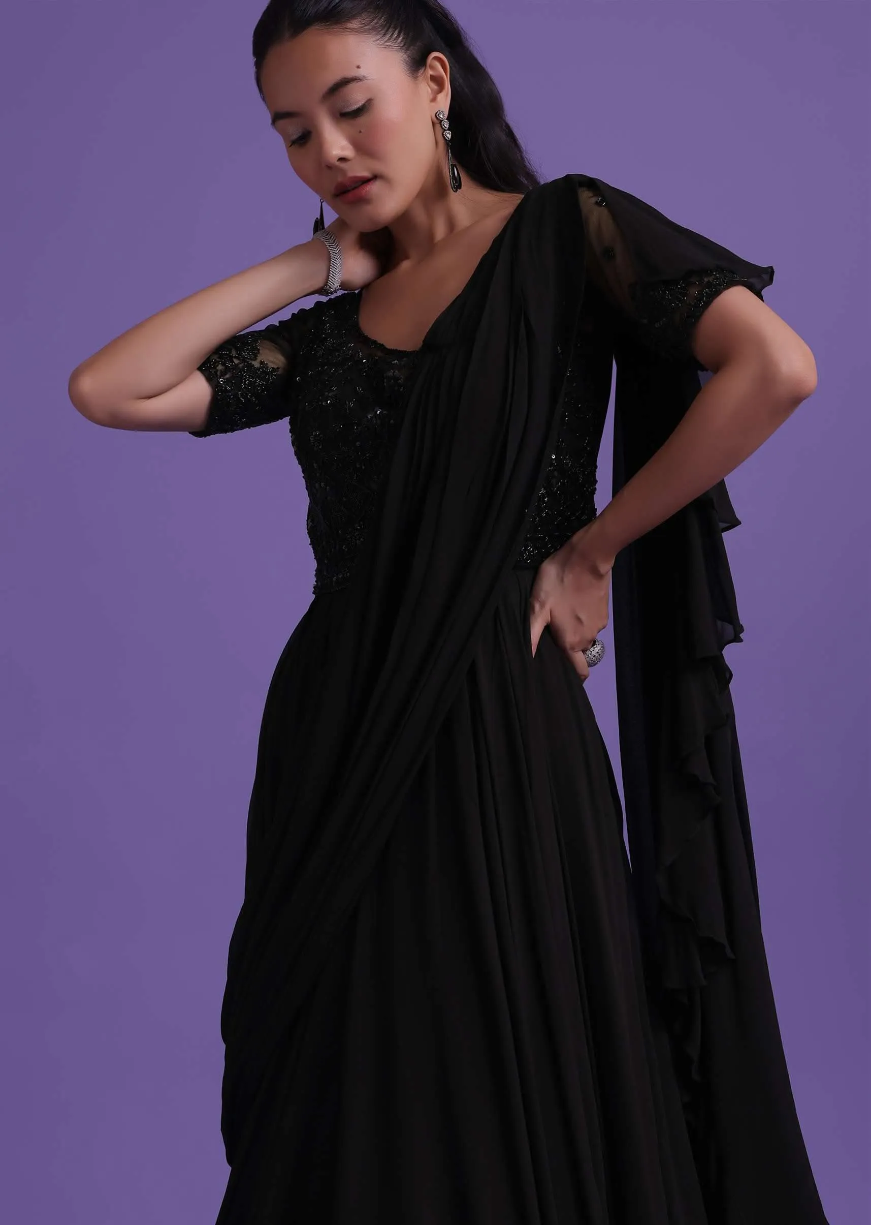 Black Cut Dana Embroidered Gown With Attached Drape In Georgette