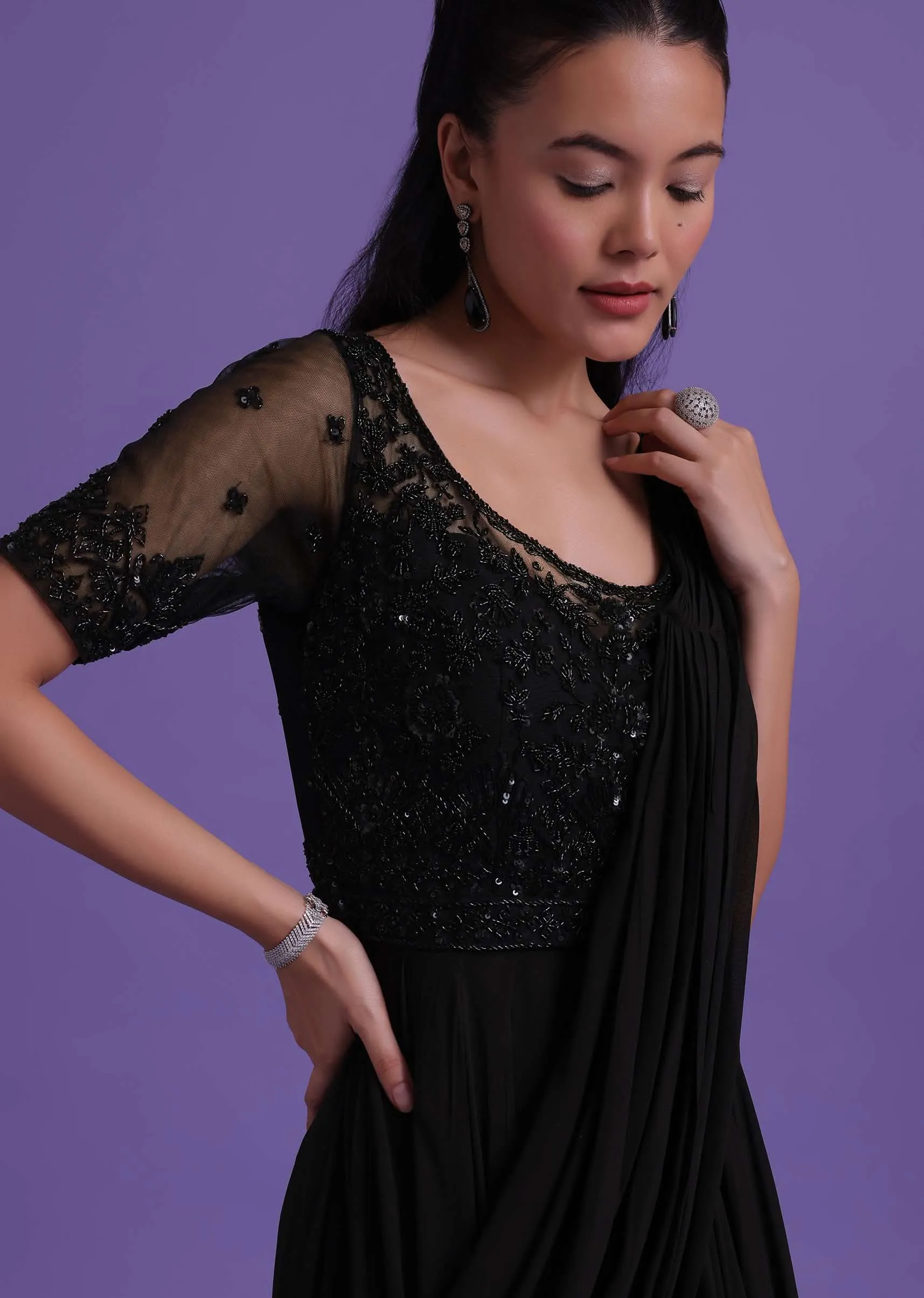 Black Cut Dana Embroidered Gown With Attached Drape In Georgette