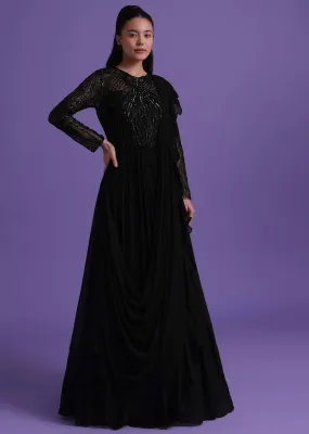 Black Georgette Gown With Attached Drape Adorned With Cut Dana Work