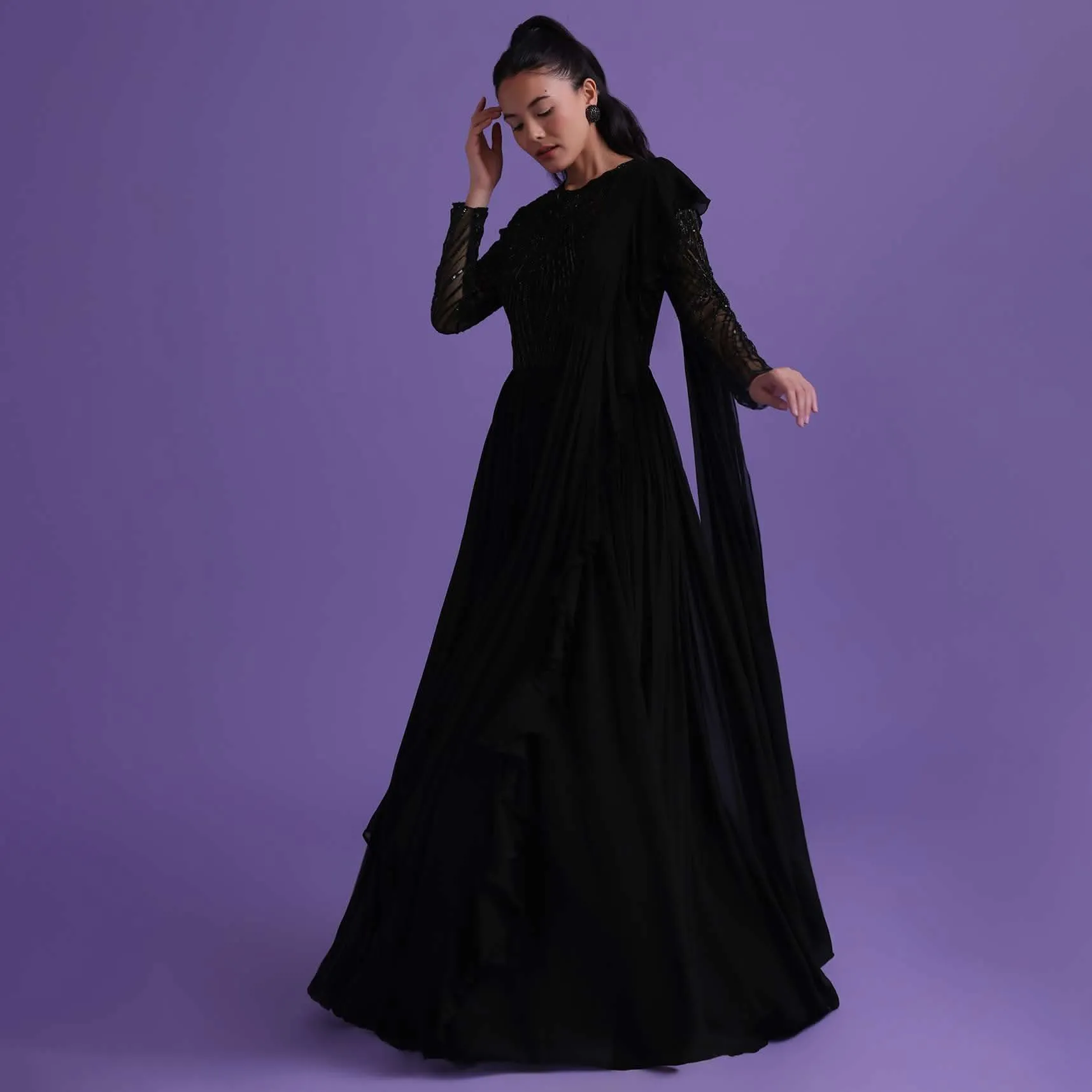 Black Georgette Gown With Attached Drape Adorned With Cut Dana Work