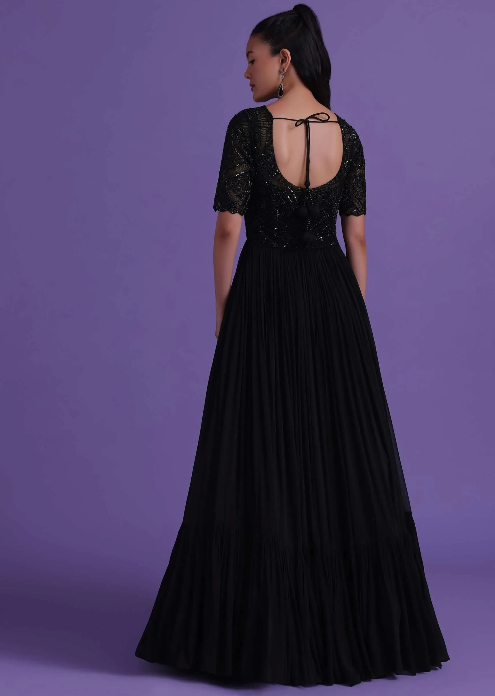Black Georgette Gown With Cut Dana, Sequins, And Bead Work