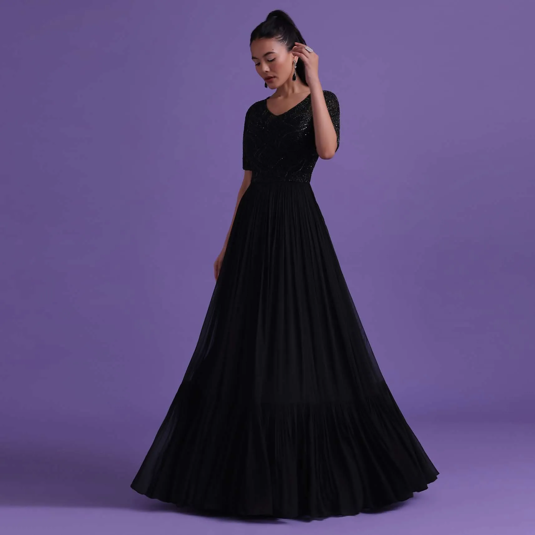 Black Georgette Gown With Cut Dana, Sequins, And Bead Work