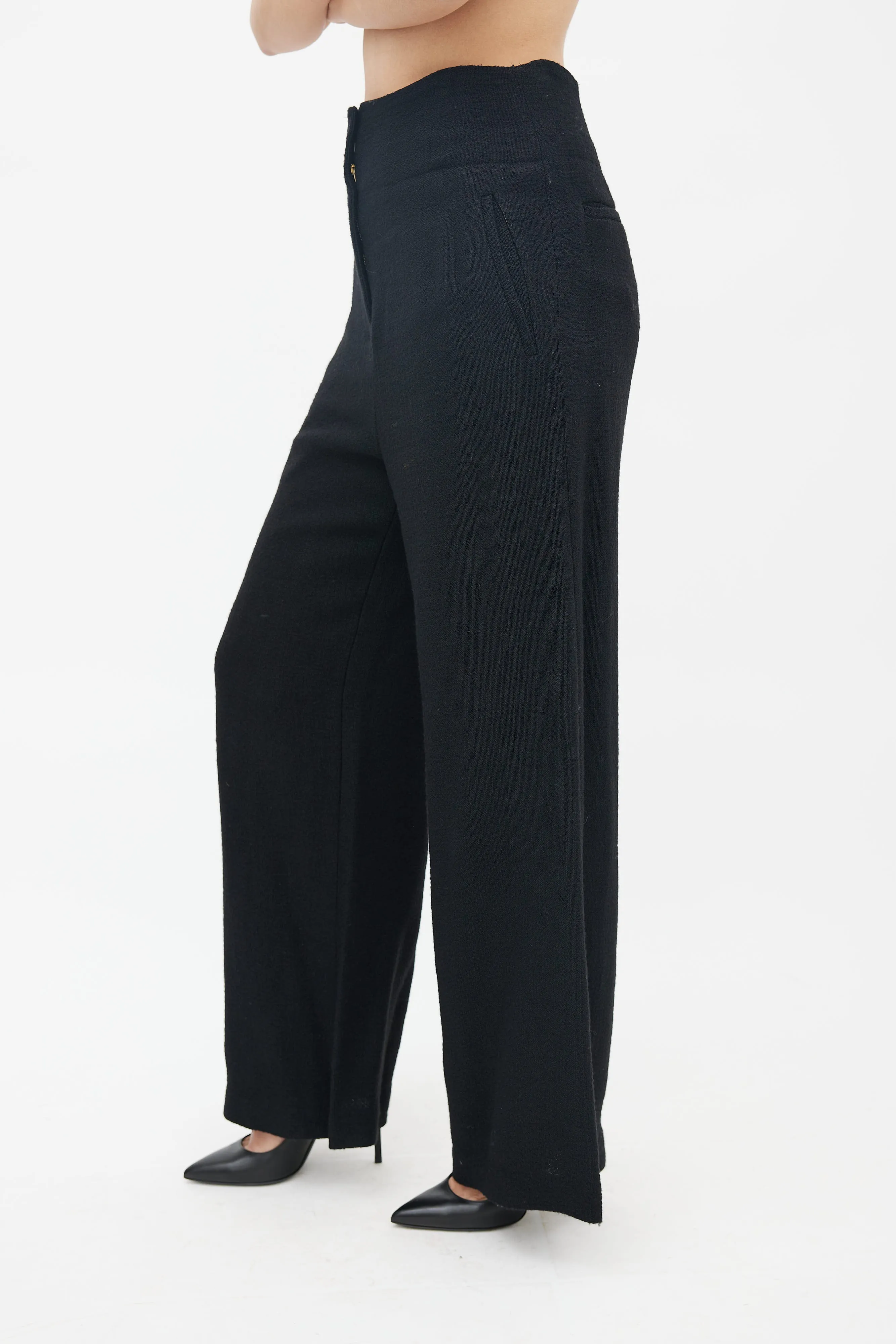 Black Wool Wide Leg Trouser