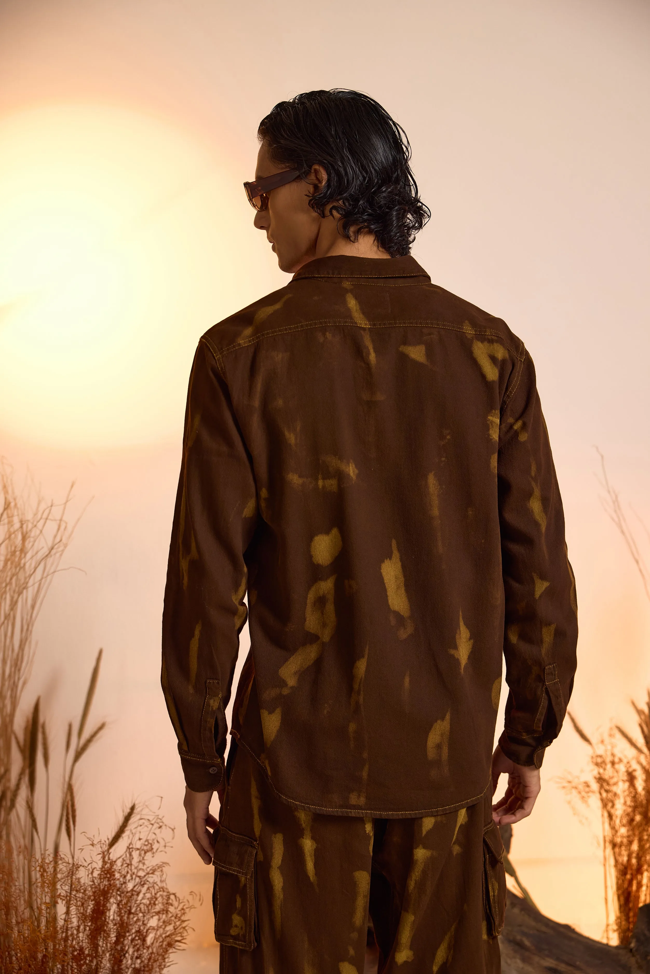 Brown Acid-Wash Relaxed Fit Denim Shirt-Men