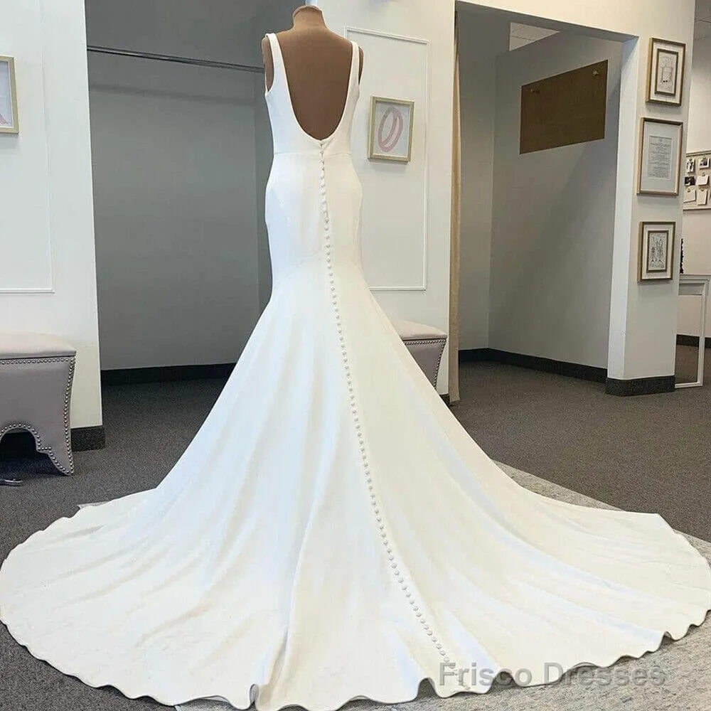 Cheap Satin Square Neck Wedding Dresses Mermaid Straps Bridal Gowns Buttons