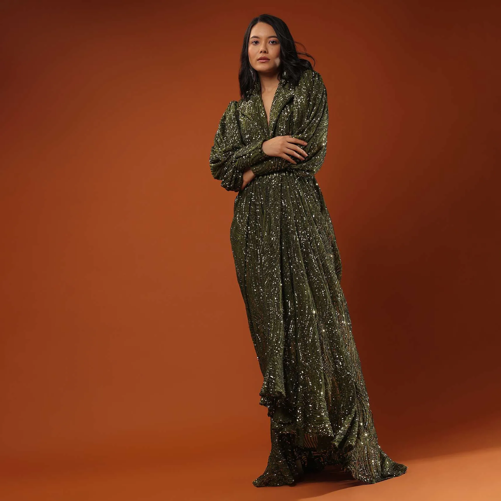 Chive Green Gown With High Collar Neckline In Sequins Embroidery, Bishop Sleeves With Padding