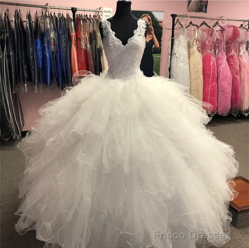 Elegant Lace Embroidery V-Neck Organza Ruffles Ball Gowns Quinceanera Dresses
