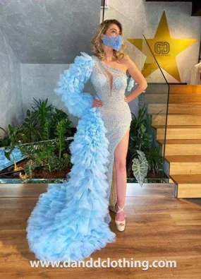 Luxury Evening Dress Blue and Silver Ruffles