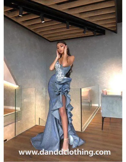 Luxury Evening Dress Metallic Blue Ruffles