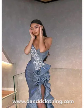 Luxury Evening Dress Metallic Blue Ruffles