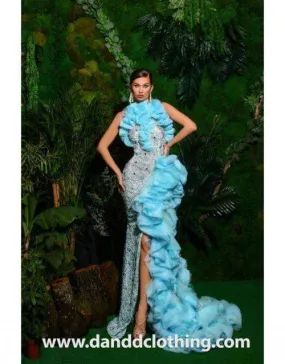 Luxury Evening Dress Sky Blue Ruffled