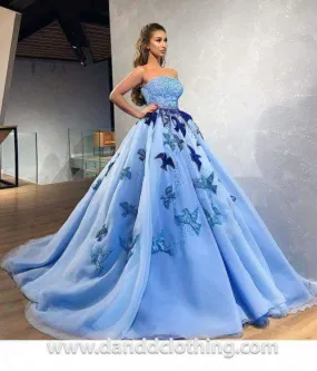 Luxury Evening Gown Princess Blue with Birds
