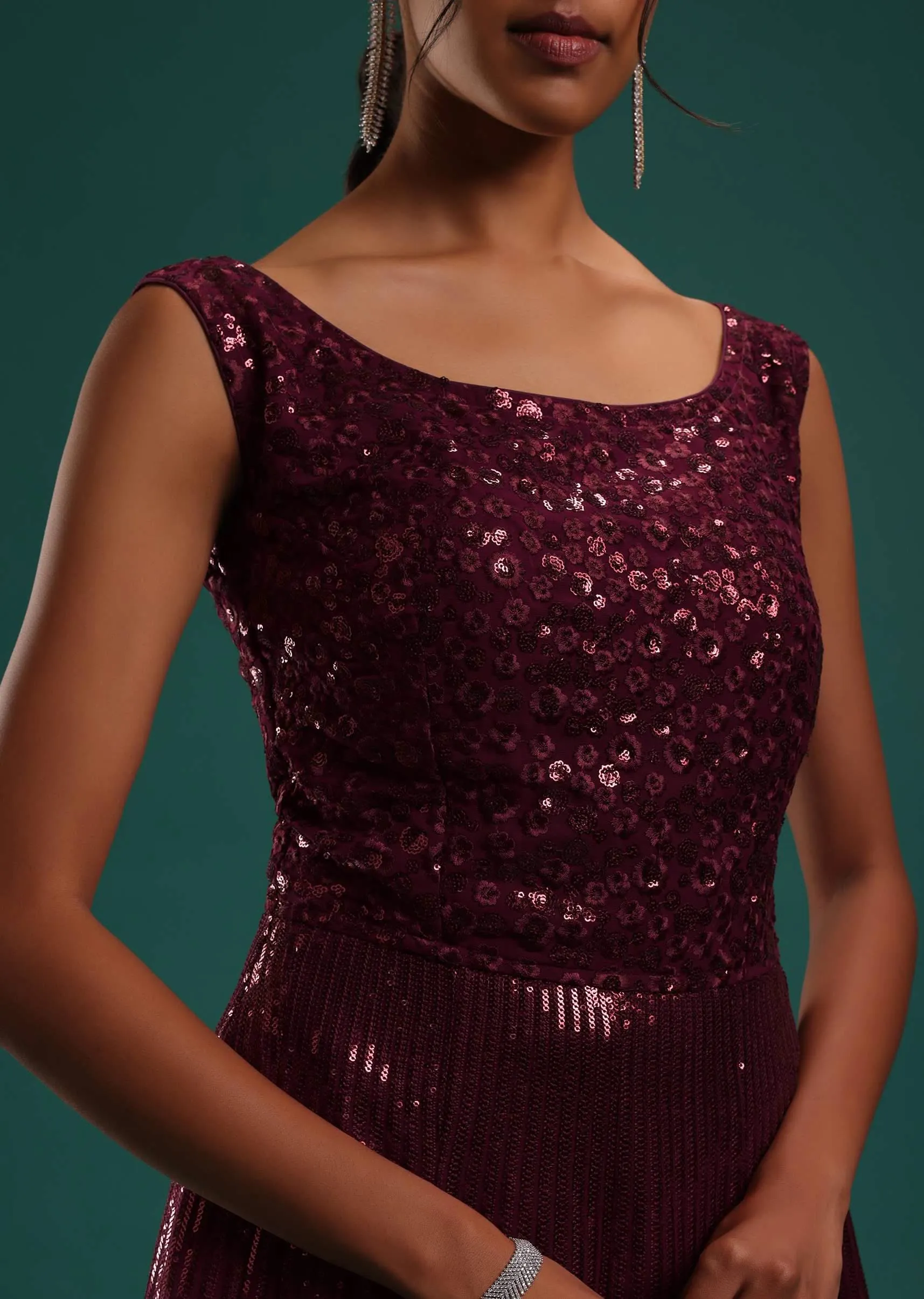 Maroon Red Sequins Embellished Gown In Georgette