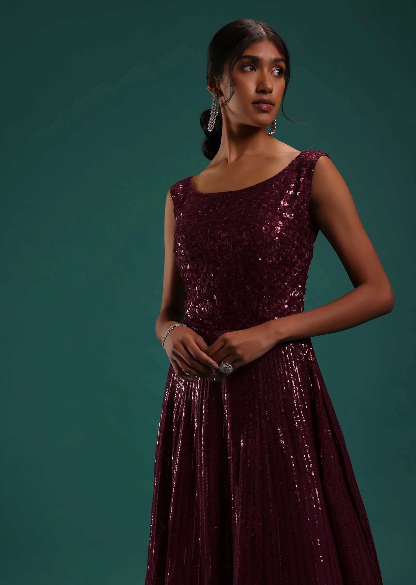 Maroon Red Sequins Embellished Gown In Georgette