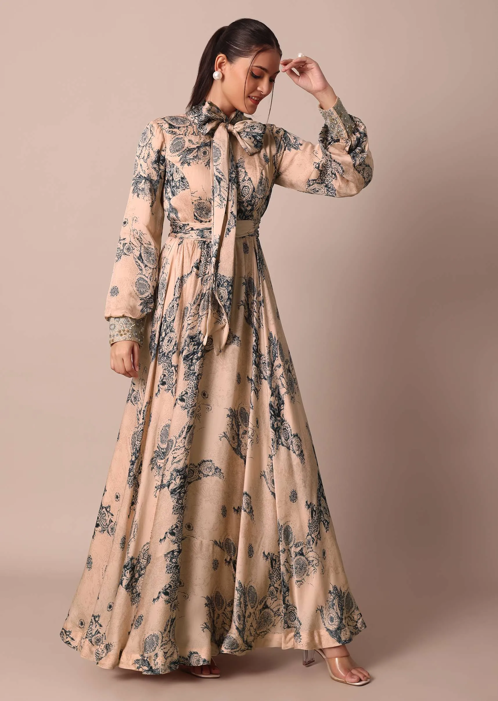 Peach Crepe Printed Indo Gown With Embroidered Sleeves