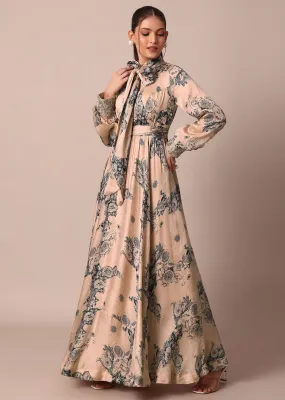 Peach Crepe Printed Indo Gown With Embroidered Sleeves