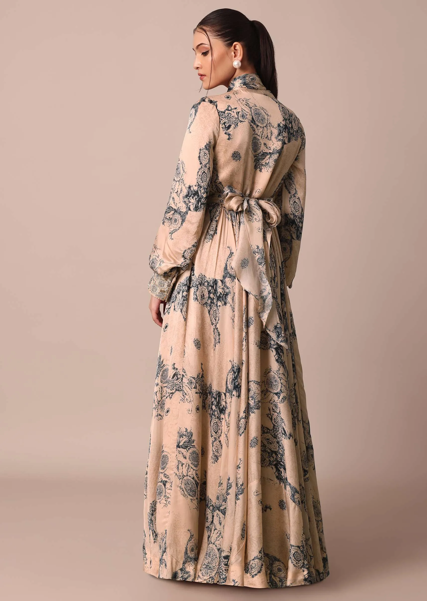 Peach Crepe Printed Indo Gown With Embroidered Sleeves