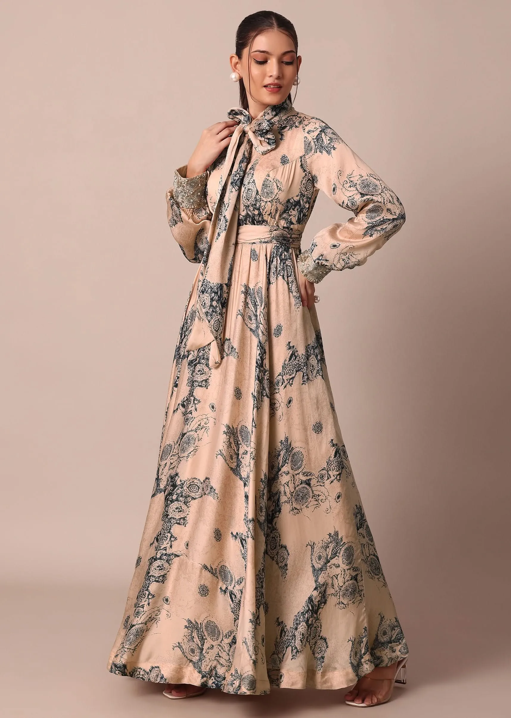 Peach Crepe Printed Indo Gown With Embroidered Sleeves