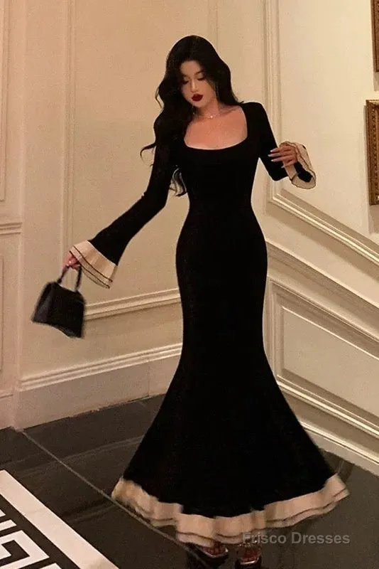 Pretty Mermaid Square Neckline Black Prom Dresses Birthday Outfits Evening Gowns