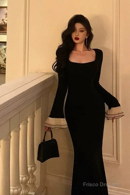 Pretty Mermaid Square Neckline Black Prom Dresses Birthday Outfits Evening Gowns