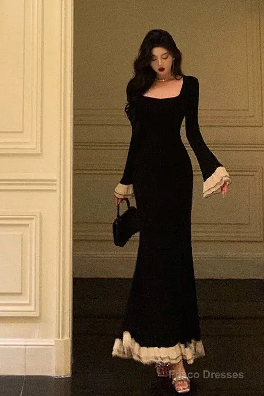 Pretty Mermaid Square Neckline Black Prom Dresses Birthday Outfits Evening Gowns