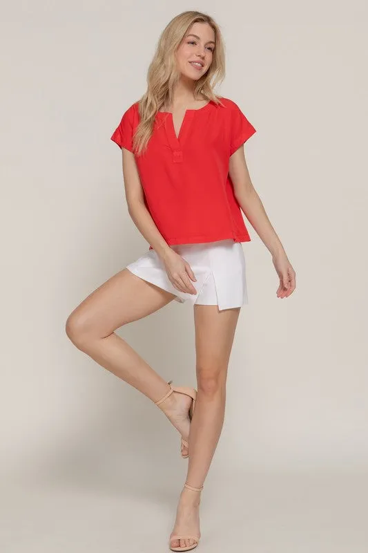 Red Tencel Notched Neck Top