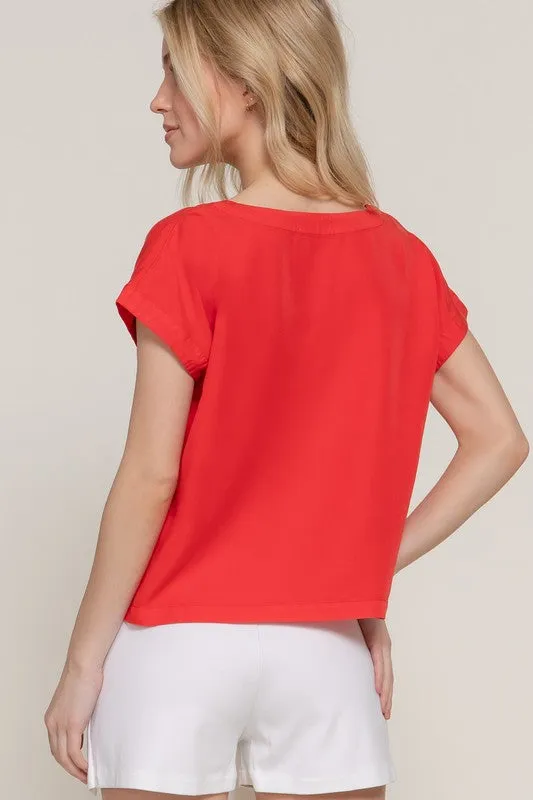 Red Tencel Notched Neck Top