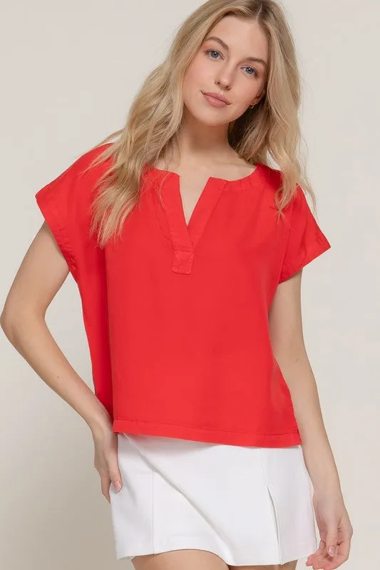 Red Tencel Notched Neck Top