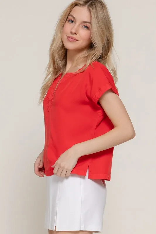 Red Tencel Notched Neck Top