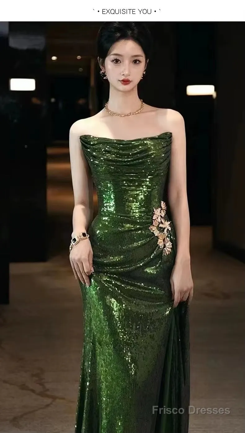 Sexy Mermaid Strapless Dark Green Sequin Long Prom Dresses Evening Gowns