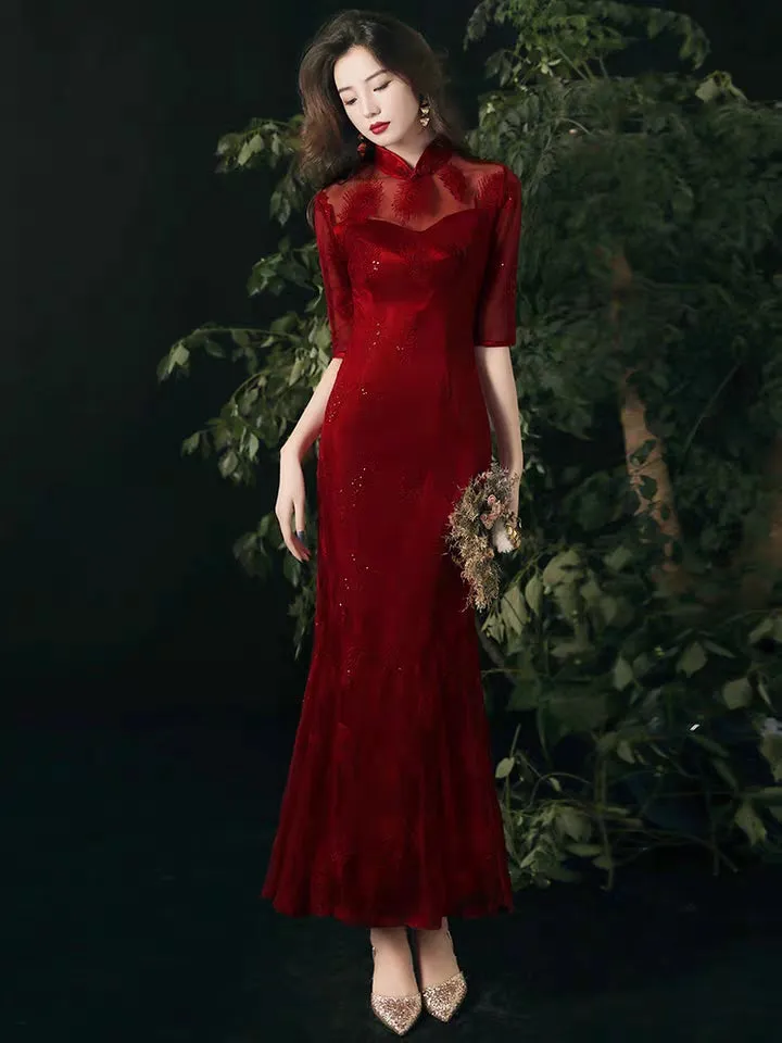 Toasted bride cheongsam 2020 new wine red fishtail retro Chinese wind back door casual wedding dress