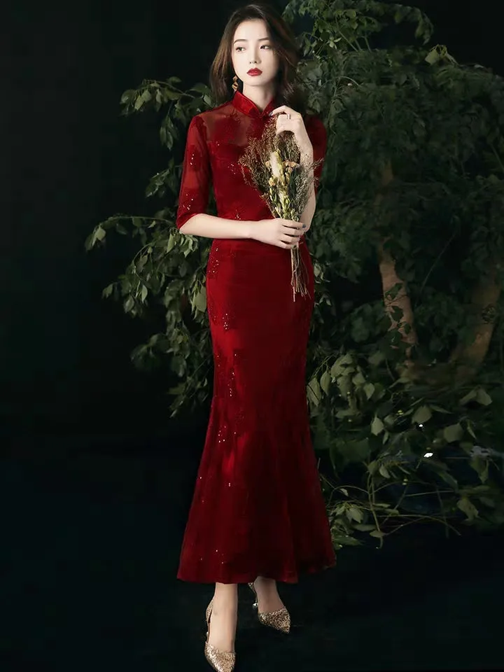 Toasted bride cheongsam 2020 new wine red fishtail retro Chinese wind back door casual wedding dress