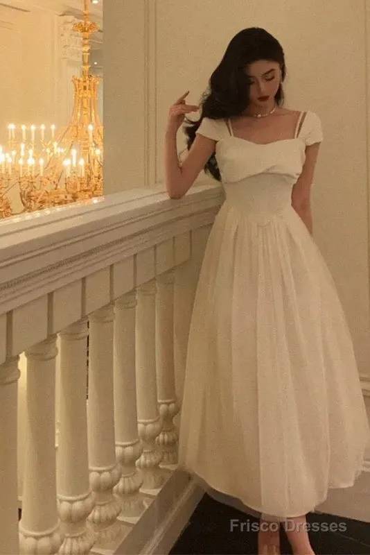 Vintage A Line Spaghetti Straps Ivory Satin Prom Dresses Evening Gowns