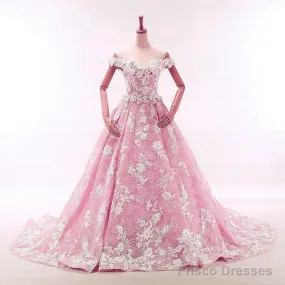 Vintage Lace Appliques Off Shoulder Pink Lace Wedding Dress Ball Gowns