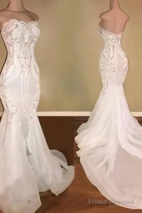 White Mermaid Wedding Dresses With Appliques Tulle Ruffles Bridal Gowns Prom Dress